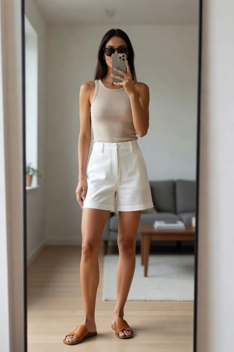 ribbed beige tank with white shorts