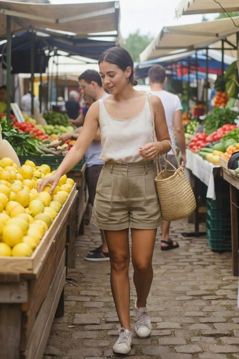beige tank and khaki shorts for daily errands