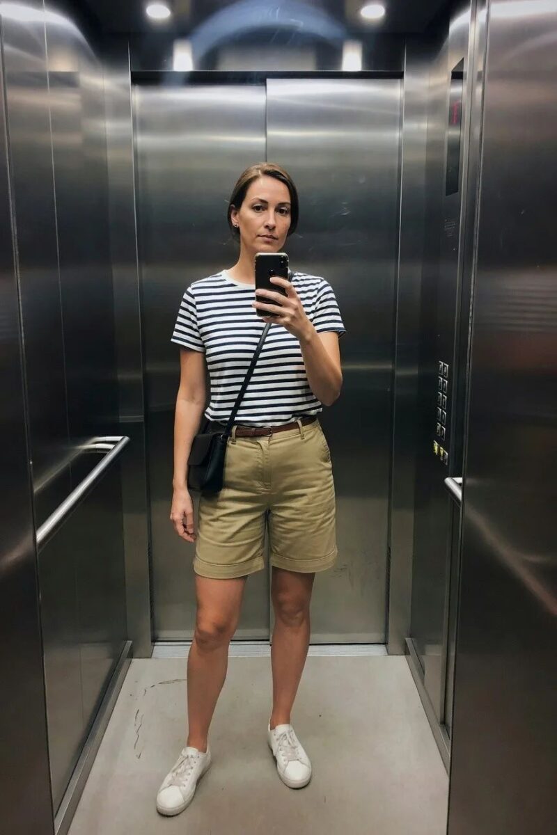 striped top paired with khaki shorts