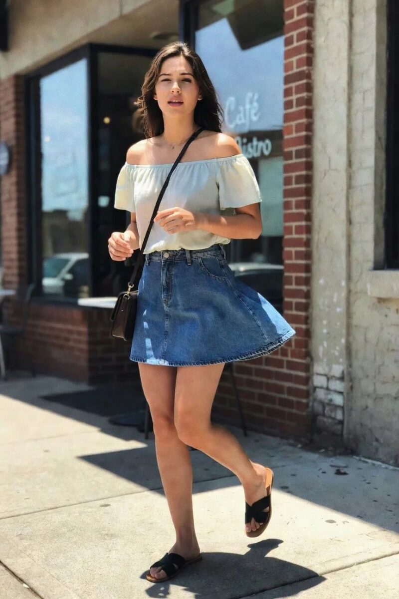 off-shoulder top paired with a denim skirt