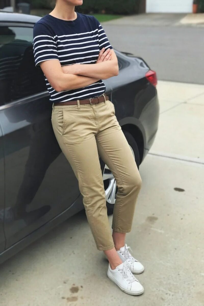 navy-white striped tee with khaki straight-leg pants