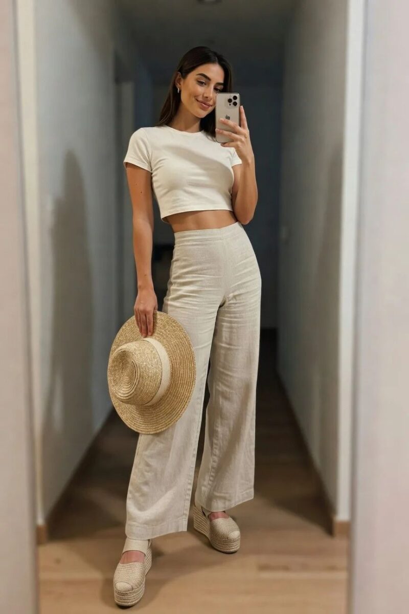 cropped white top with high-waist wide beige pants