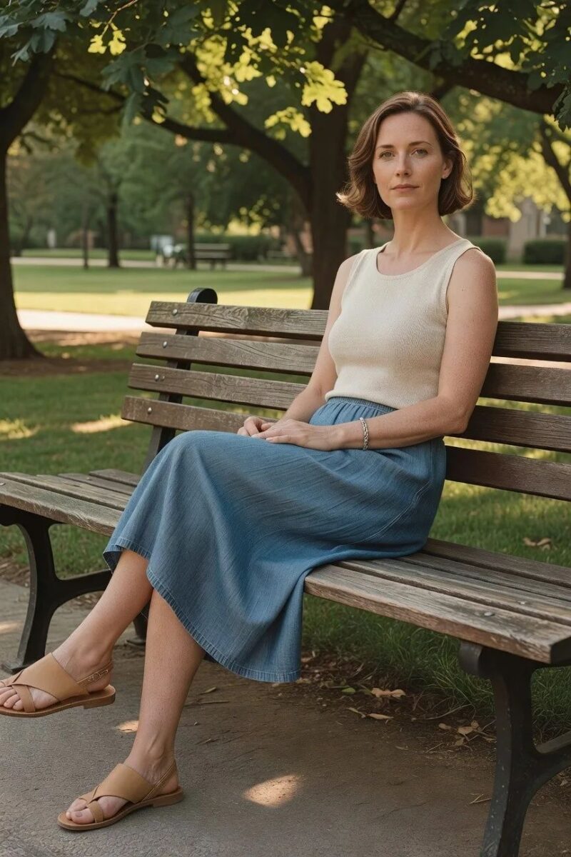 cream sleeveless top with blue denim midi skirt