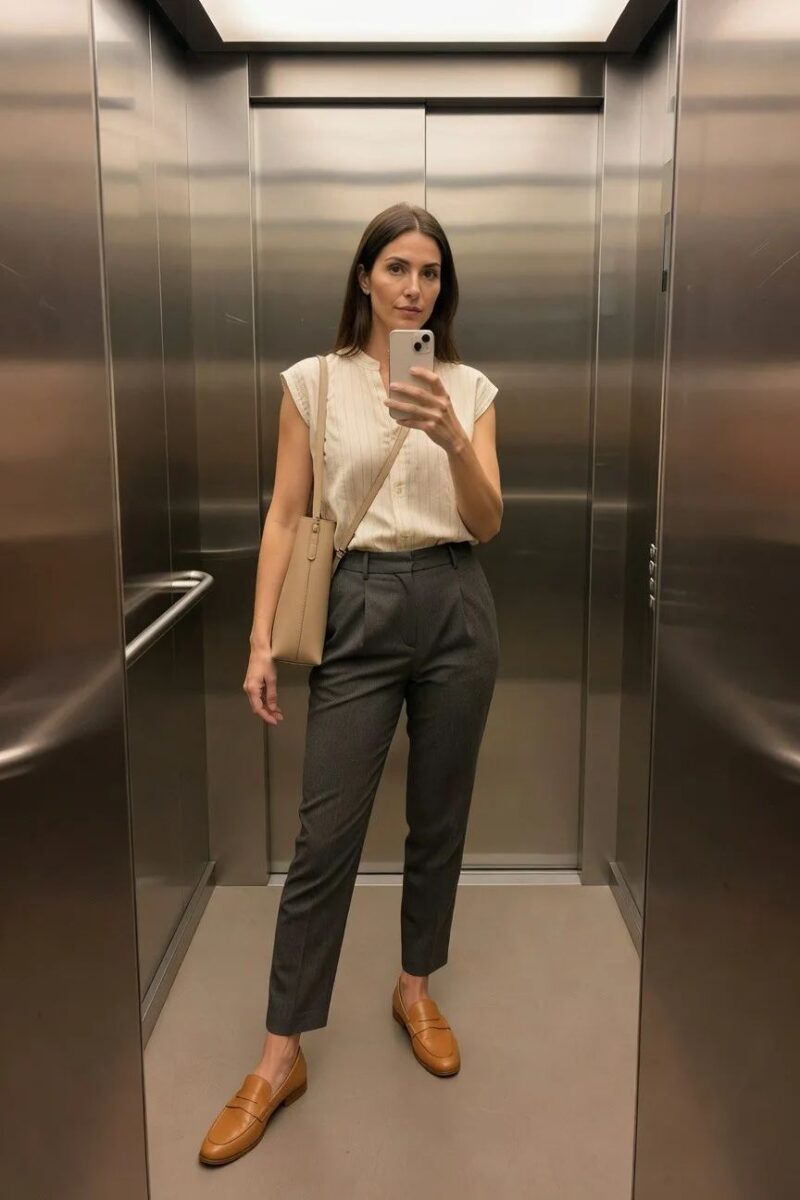 cream top paired with soft grey trousers