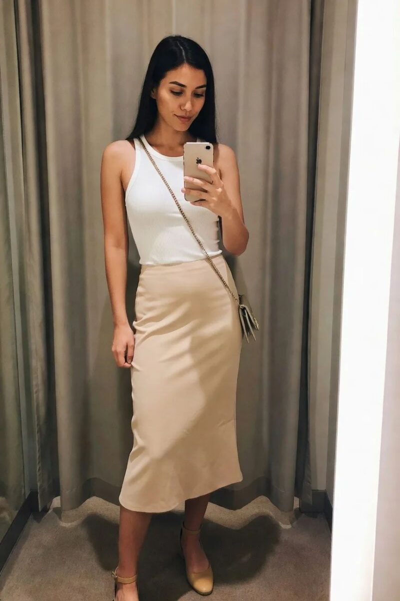 white ribbed tank with a beige midi skirt