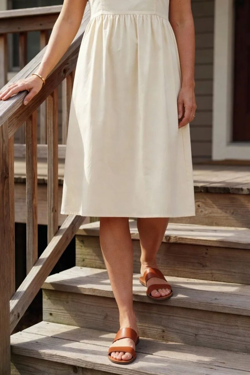 cream gathered-waist midi dress