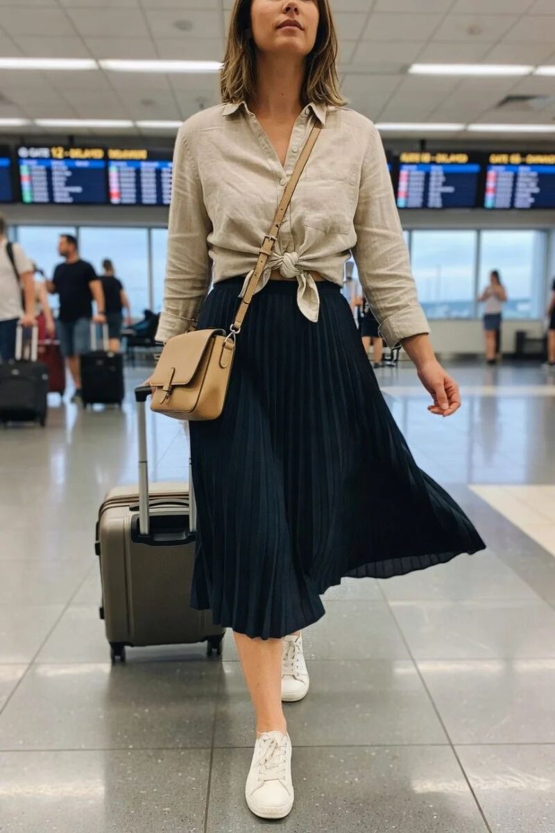 tied linen shirt over a navy pleated skirt