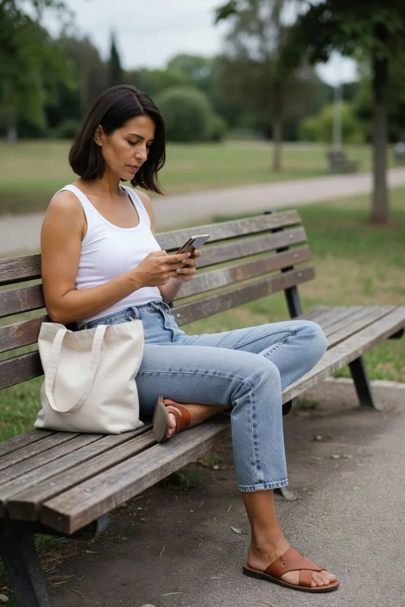 classic white tank and light blue jeans