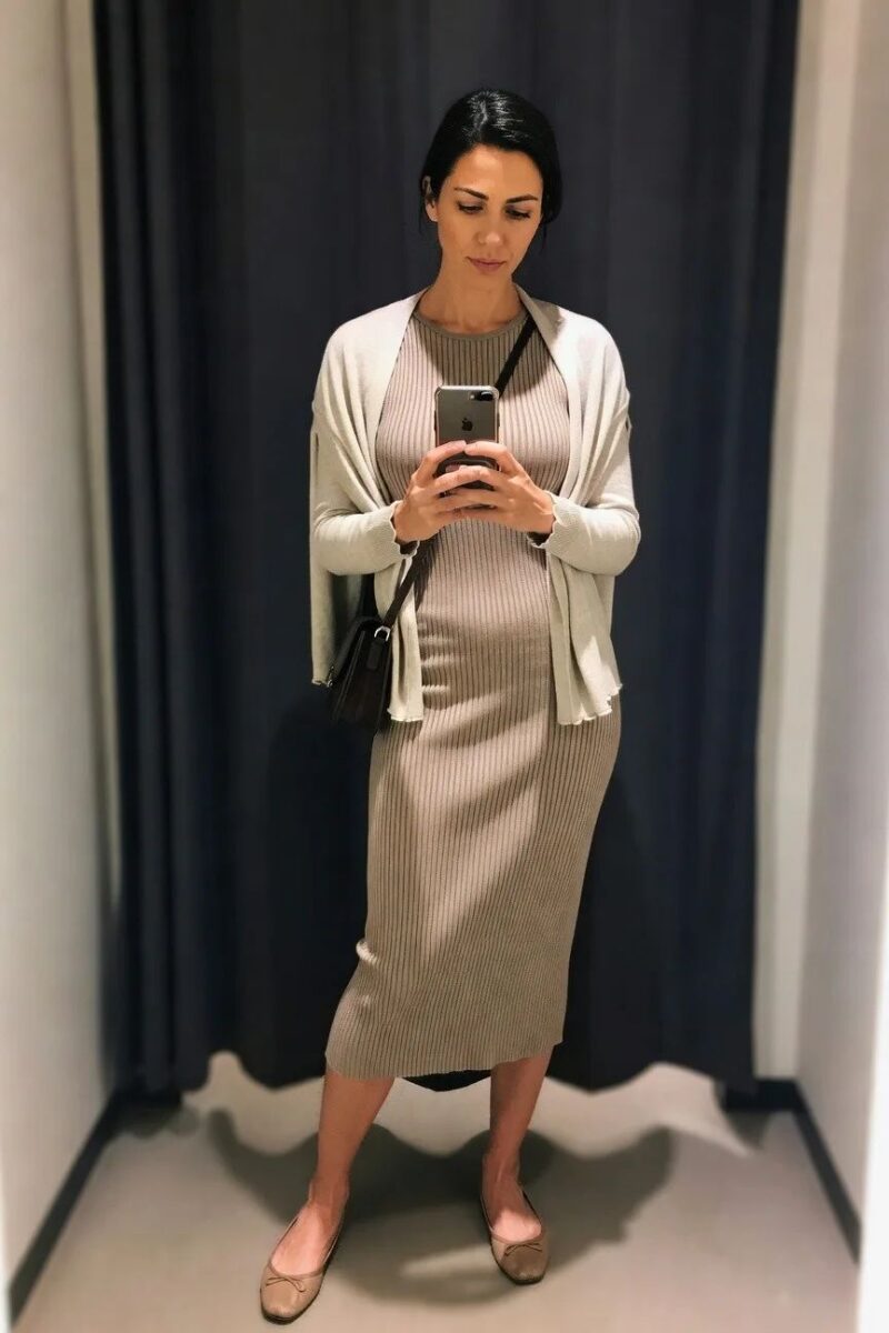 ribbed midi dress layered with a soft cardigan