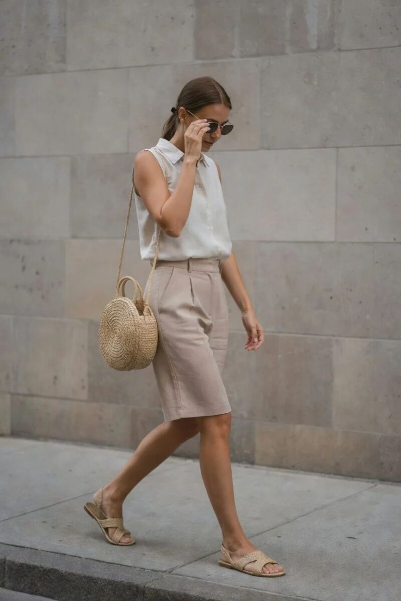 sleeveless button-up with tailored shorts