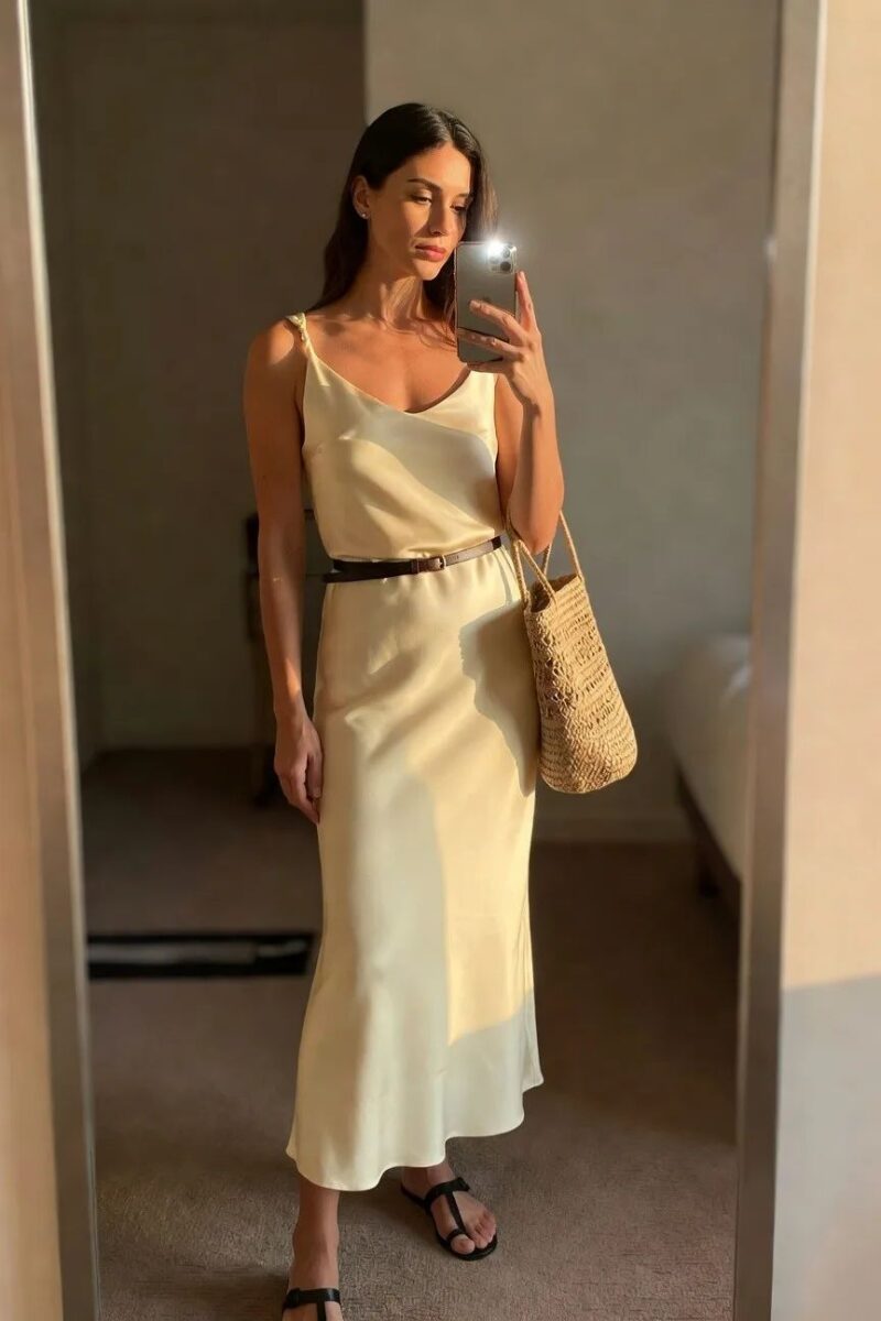 soft satin midi dress with a thin belt