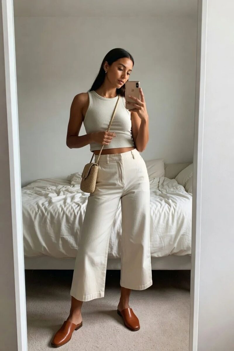 cropped ribbed tank with wide leg pants