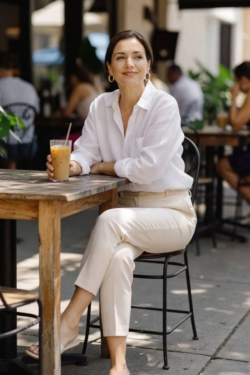 white button-up and cream wide trousers