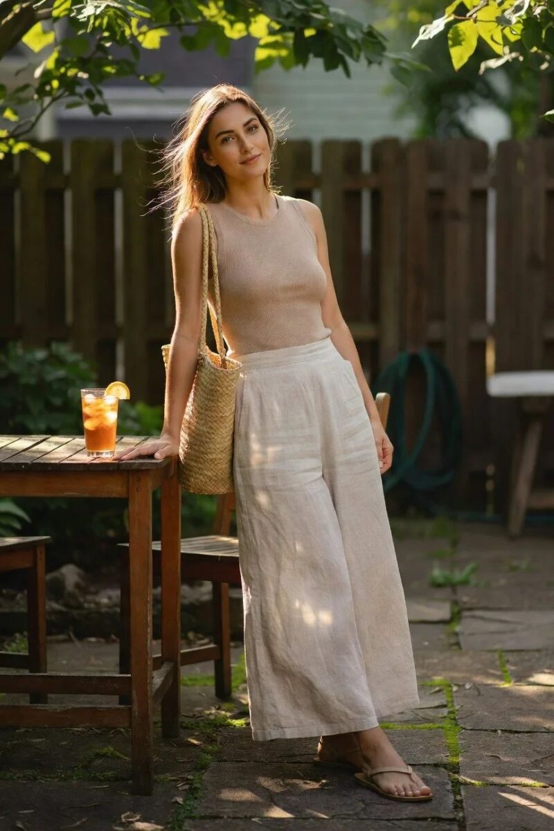 wide leg pants with a sleeveless knit top