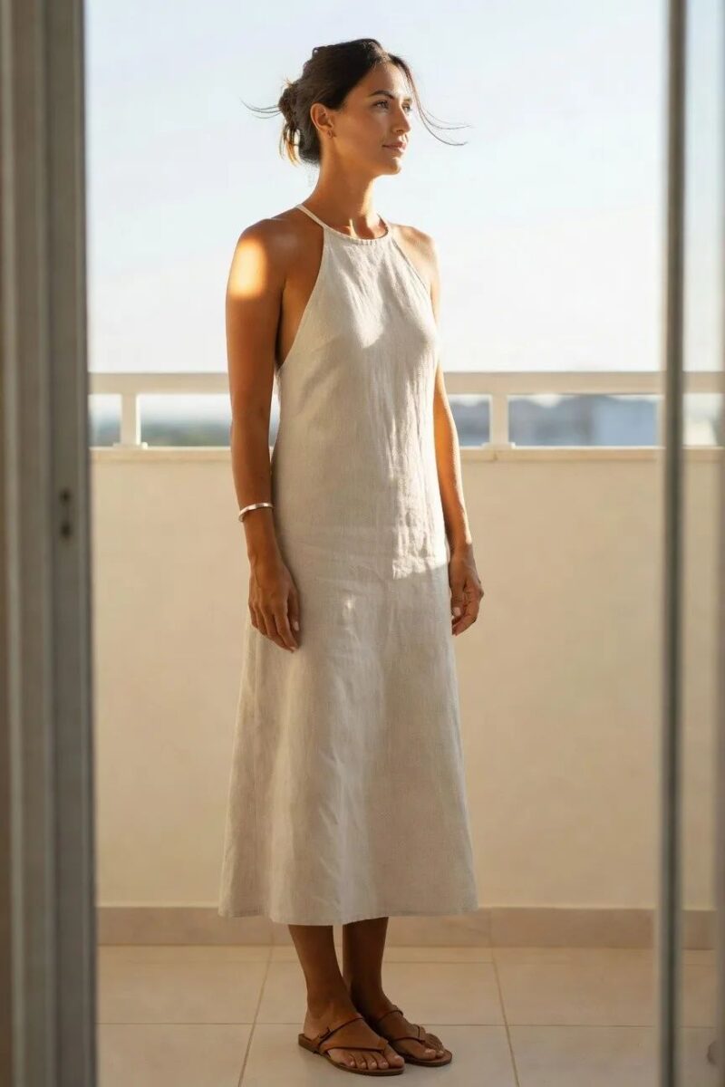linen halter dress in warm white