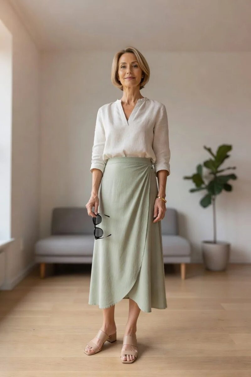 white blouse with a sage wrap skirt