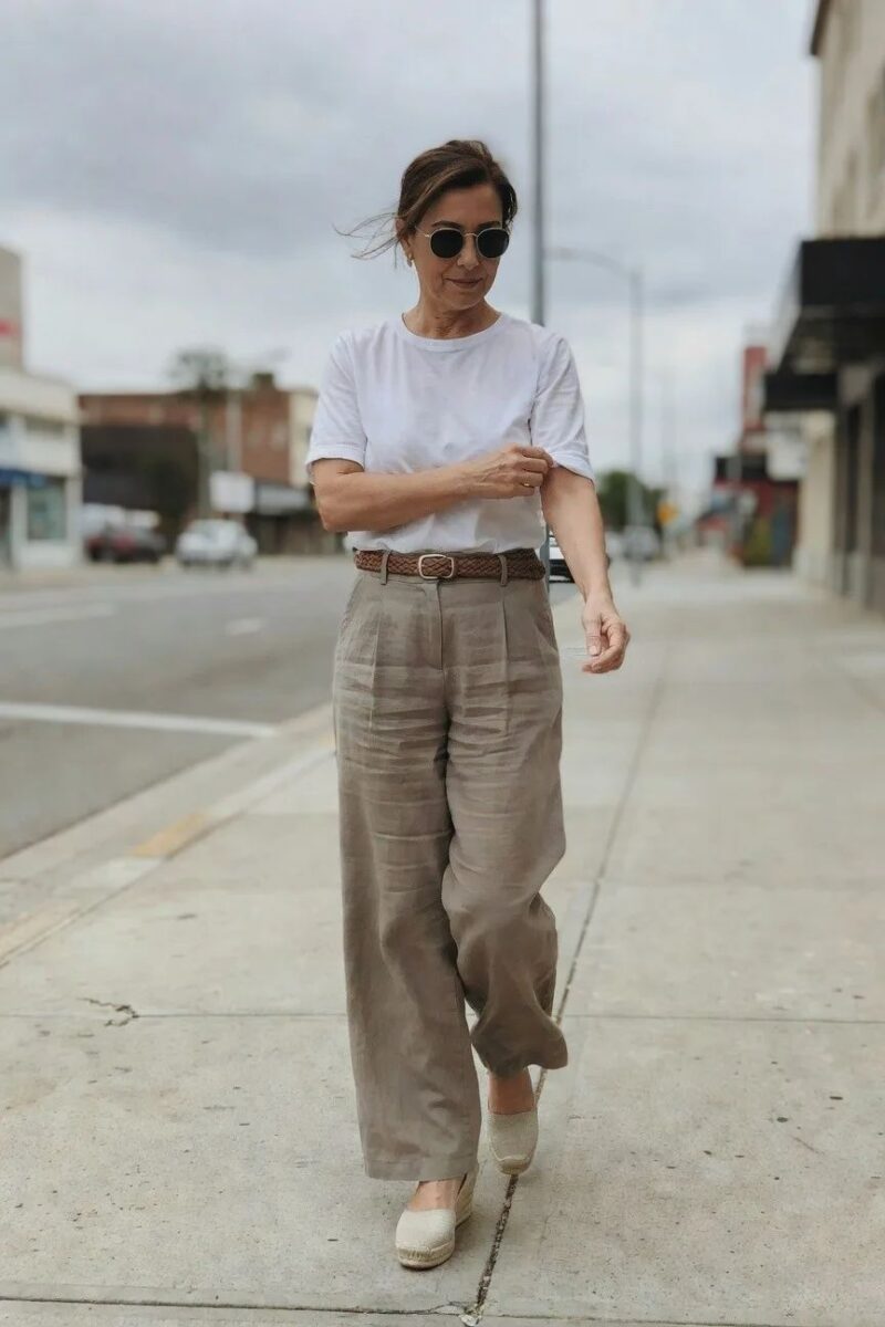 wide leg pants with a simple white top