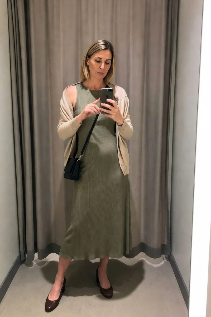 ribbed midi dress layered with a cardigan