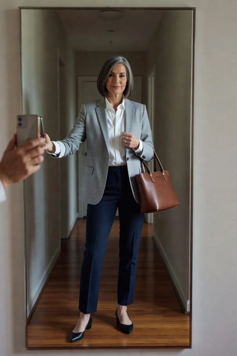 gray blazer and navy trousers