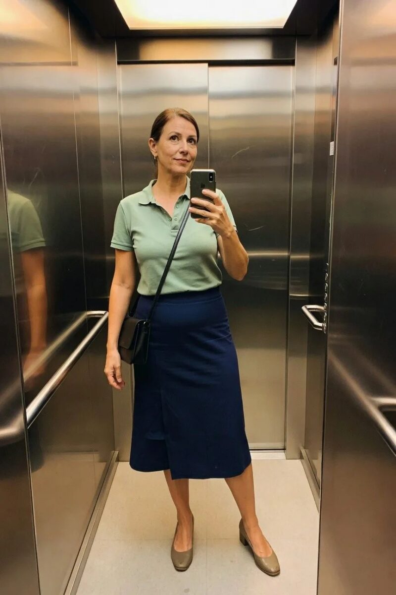 polo shirt and midi skirt outfit