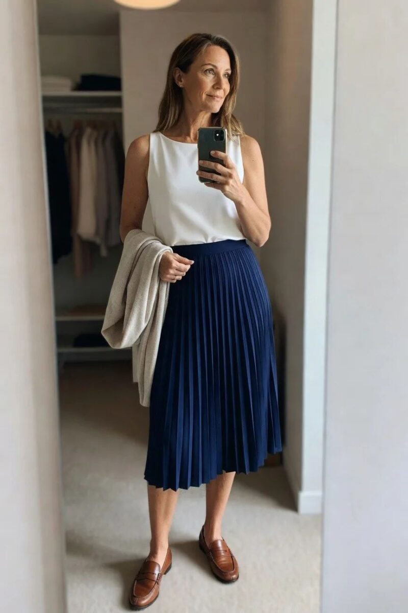 white top with navy pleated skirt