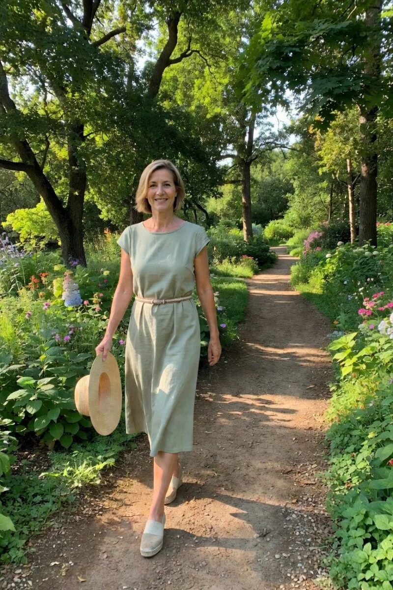 midi dress in soft green with a straw hat