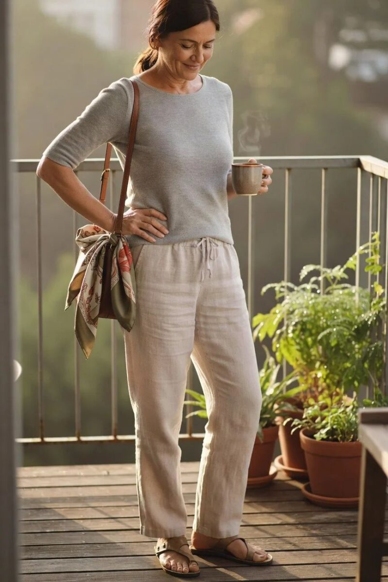 gray knit top and beige linen pants