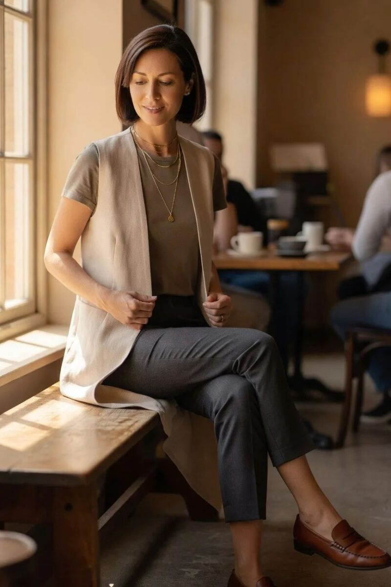vest layered over neutral top and cropped pants