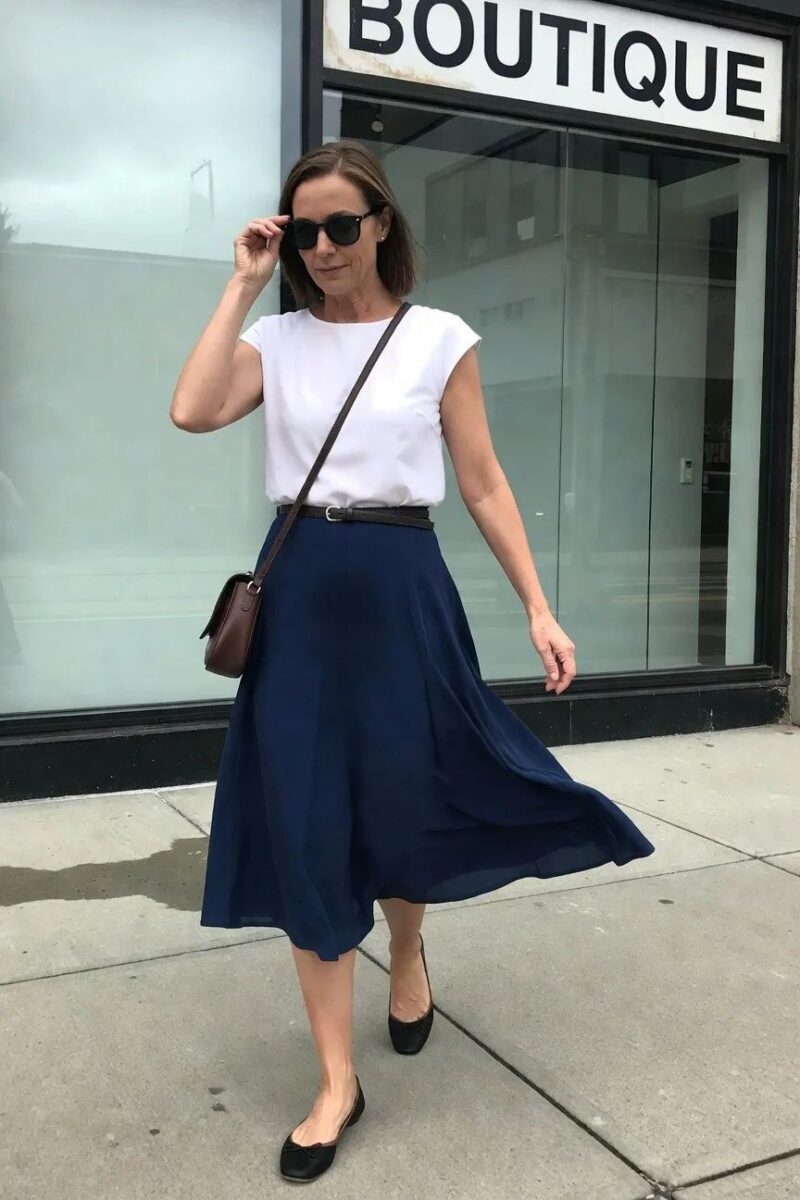 navy skirt and white top