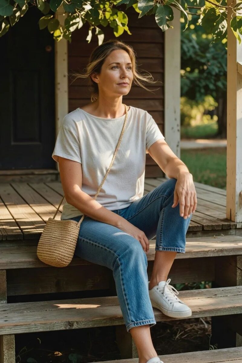 white tee and cropped jeans combo