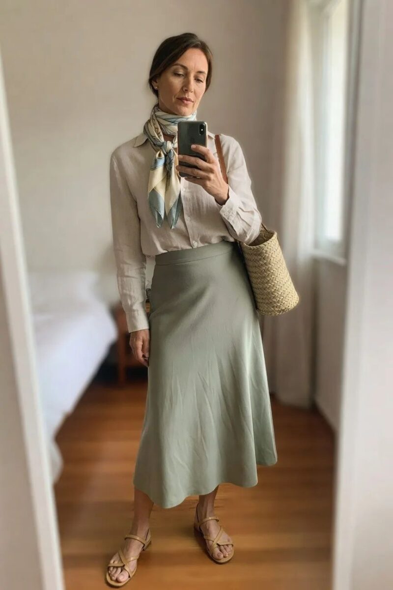 button down shirt and midi skirt