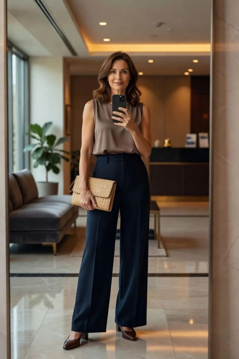 wide leg navy pants with a taupe sleeveless top