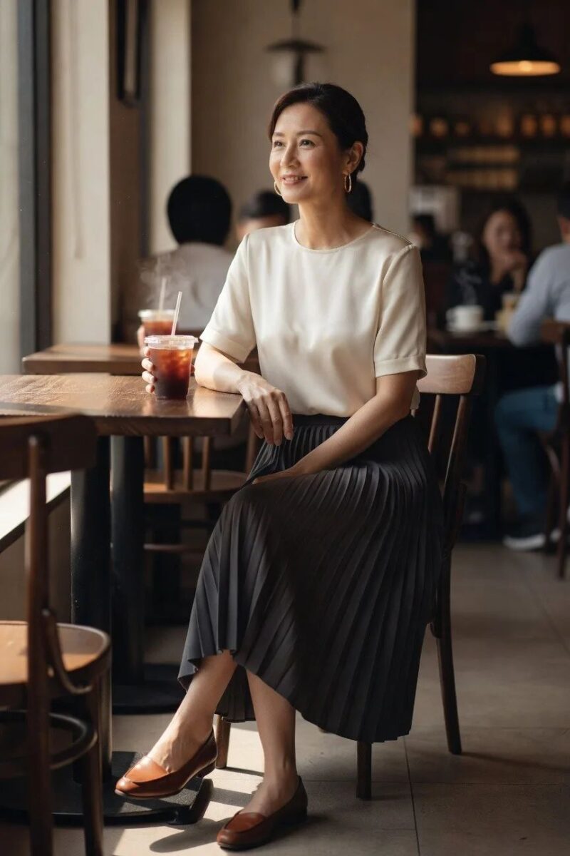 cream top paired with a black pleated skirt