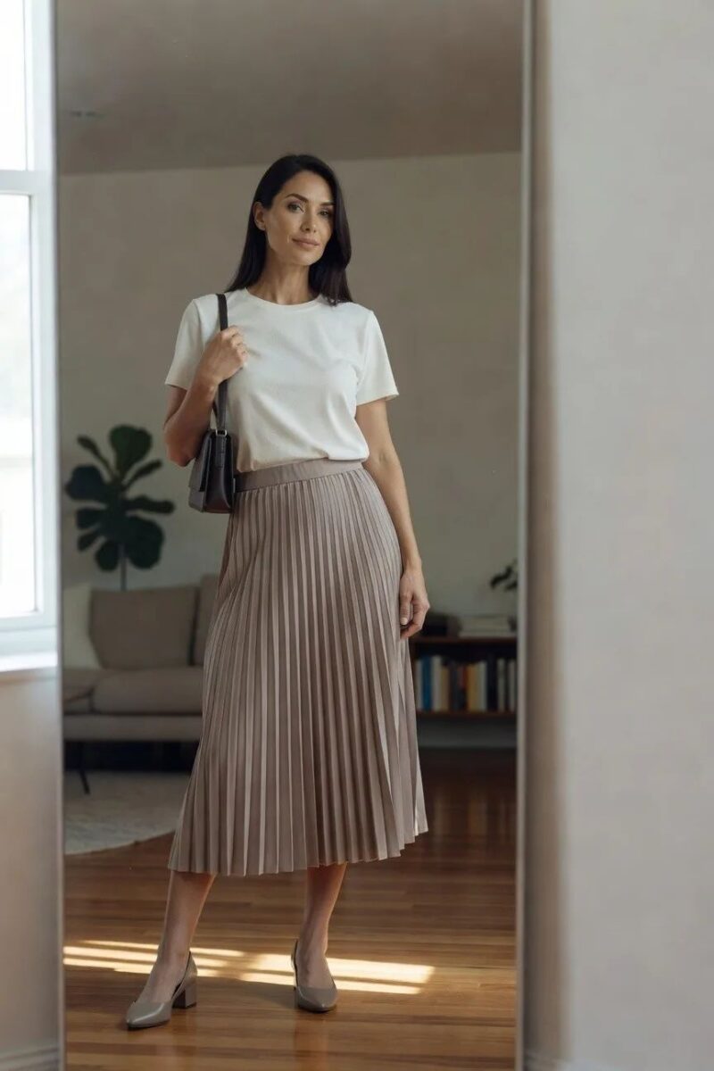white tee with a pleated beige skirt