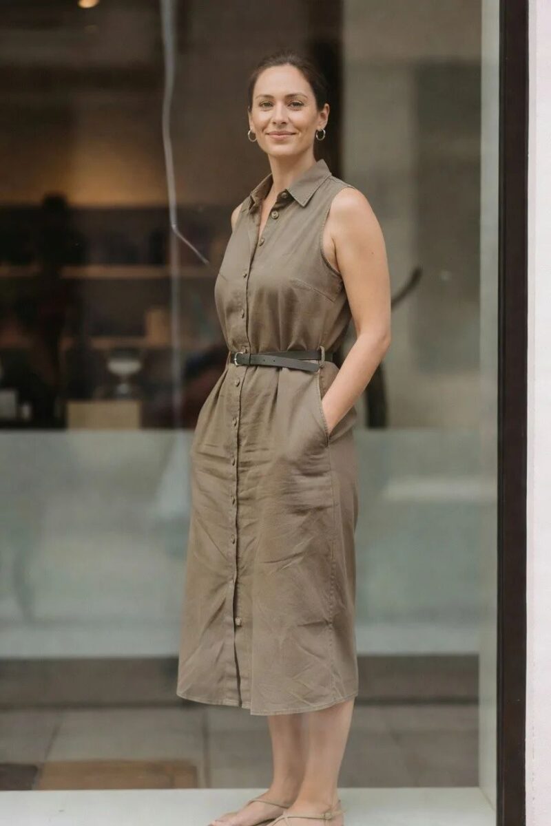 sleeveless shirt dress with a thin belt