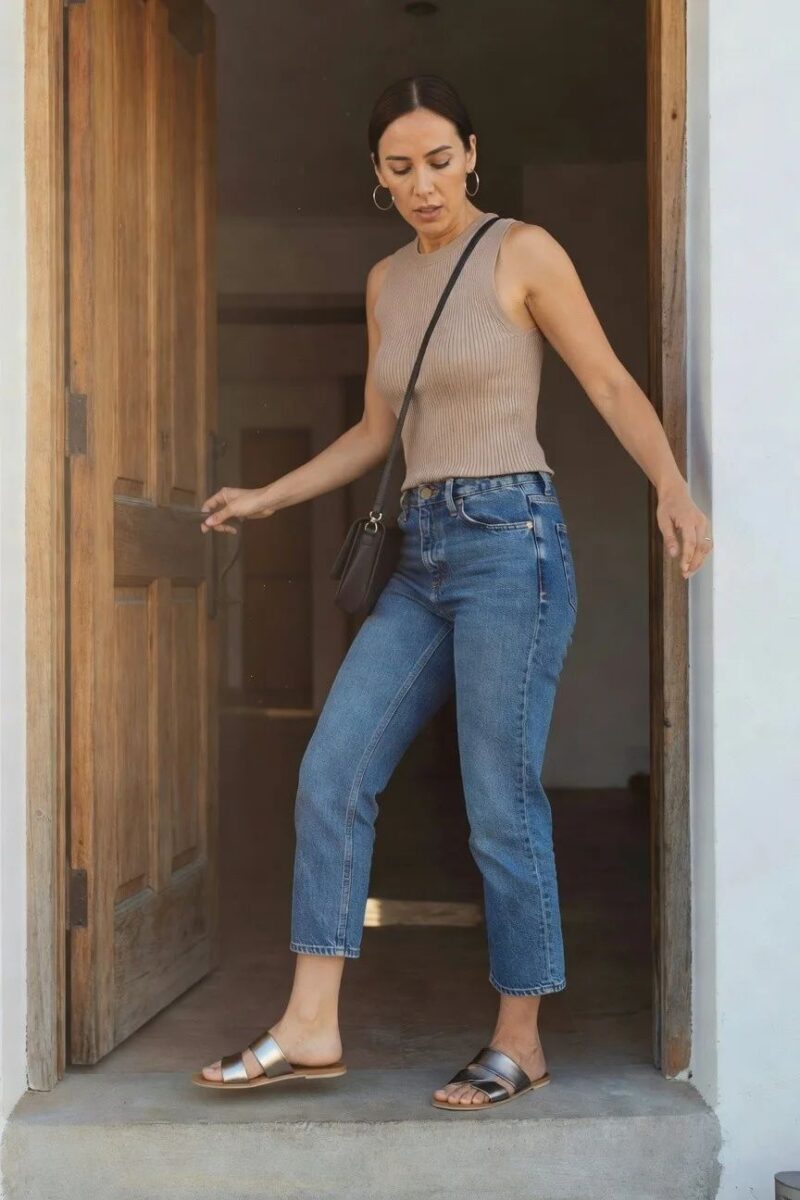 tank top and cropped jeans with metallic slides