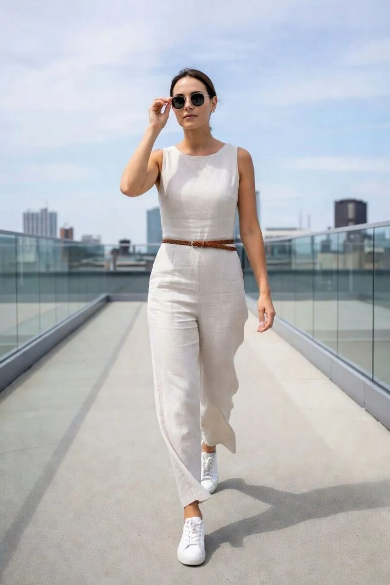white linen jumpsuit with a woven belt