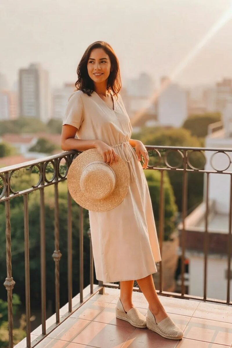 neutral midi dress with espadrilles