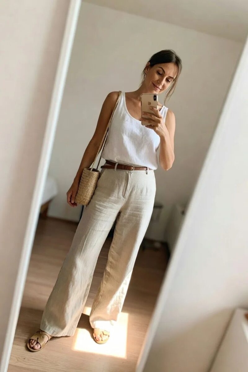 linen pants and a white tank top