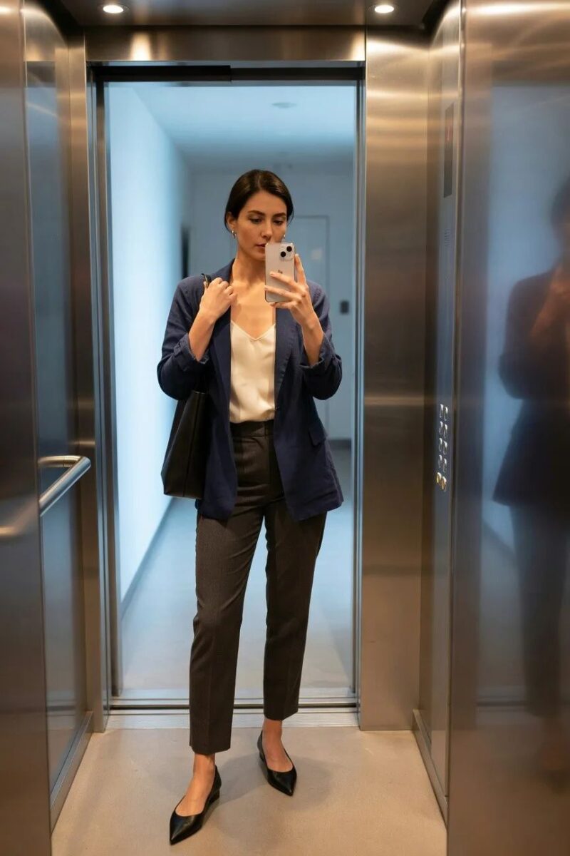 navy blazer and gray trousers with a white camisole
