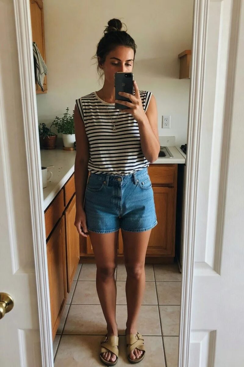 denim shorts and a striped tank