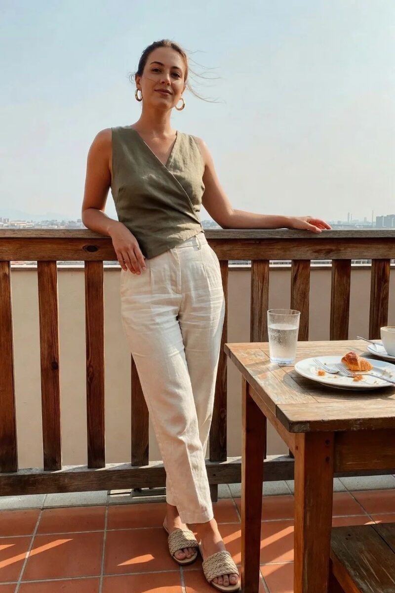 olive wrap top with light linen pants