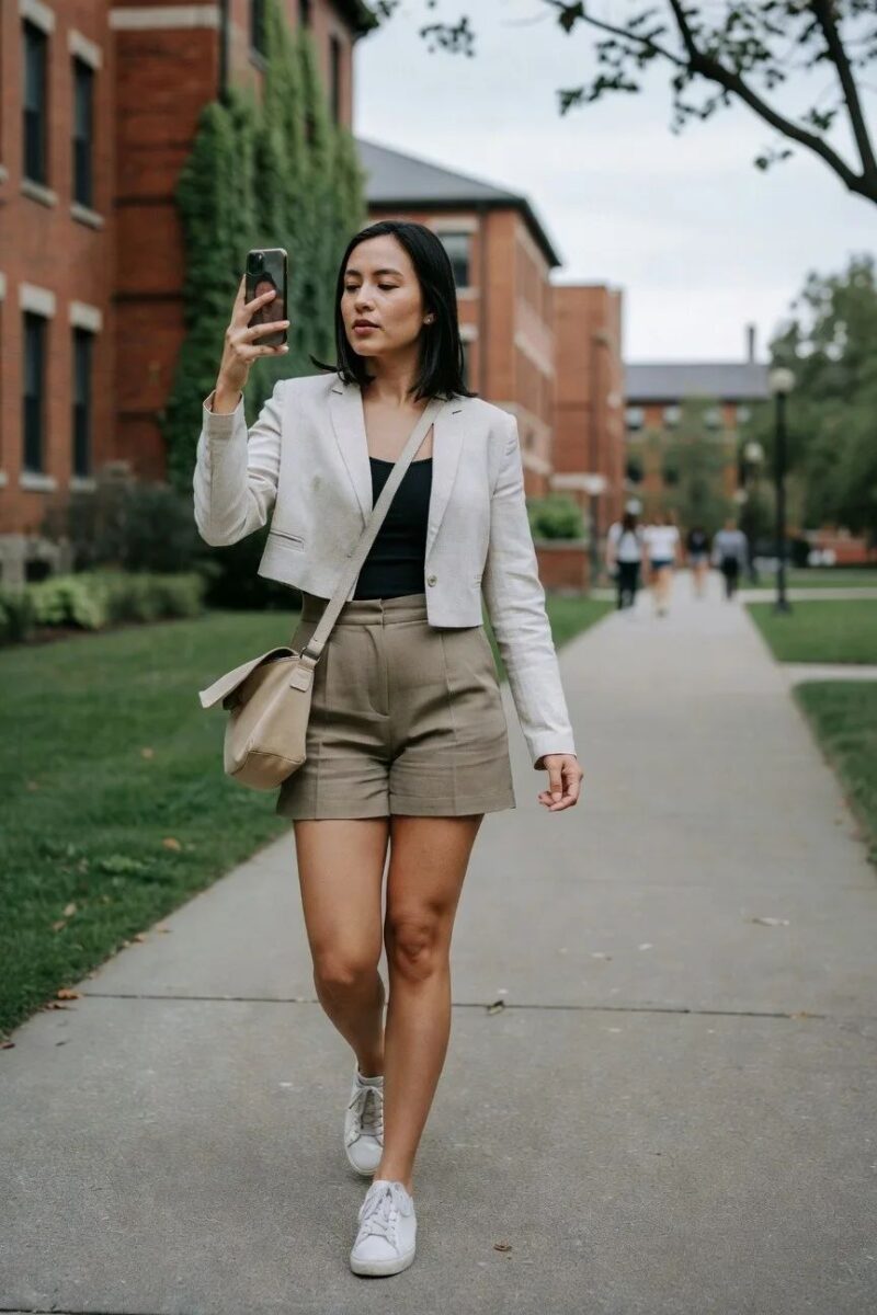 blazer and shorts in neutral shades