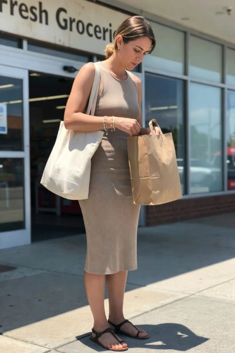 ribbed midi dress with canvas tote