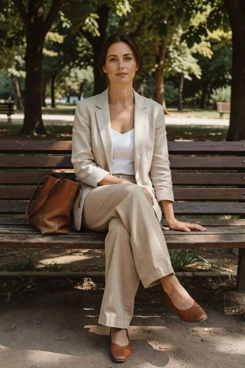 beige suit set with a white camisole layer