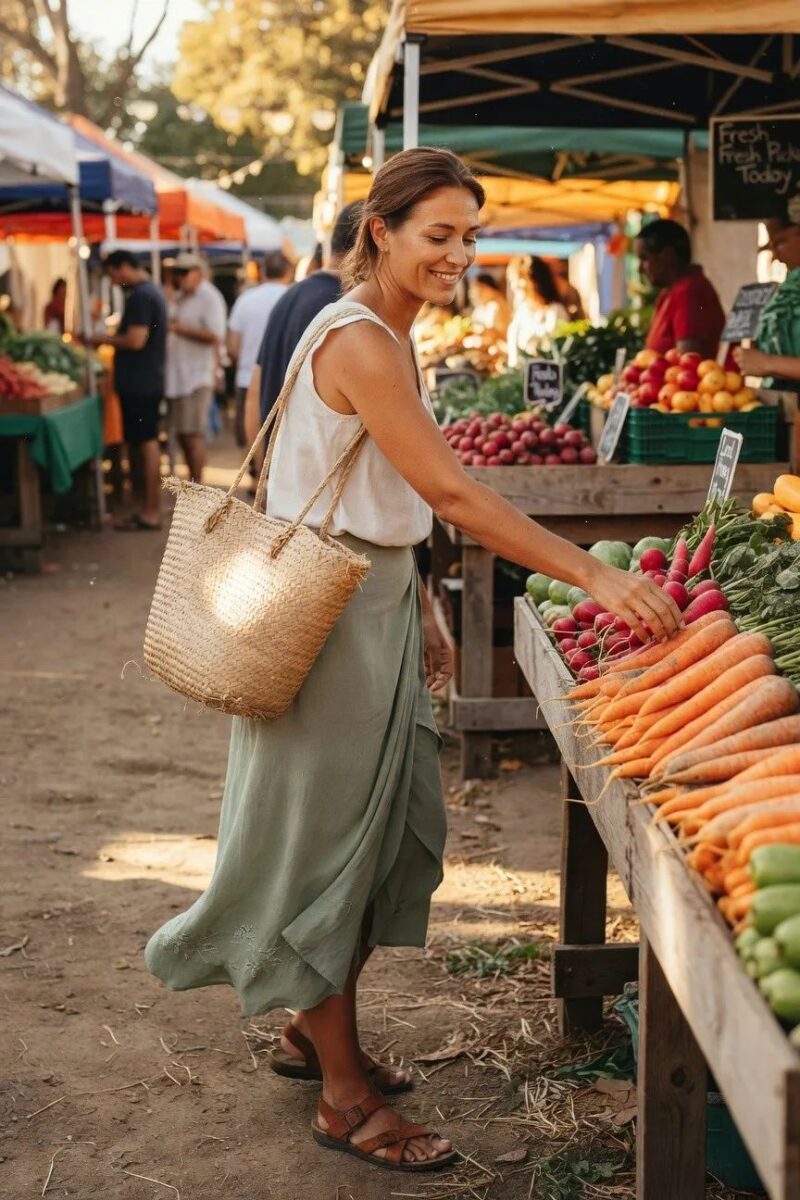 white tank and sage green midi skirt