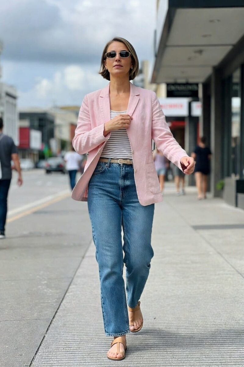 pink blazer thrown over striped tank and jeans