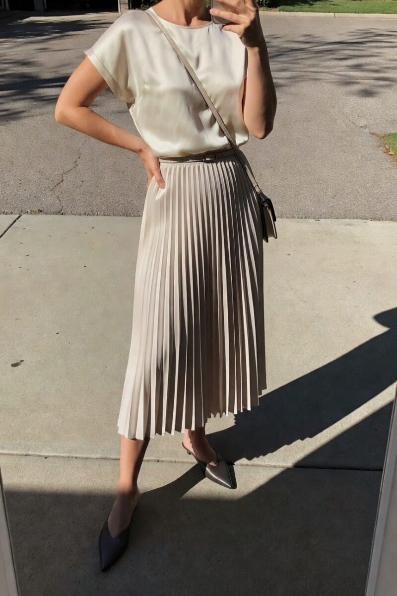 cream satin top paired with taupe pleated skirt