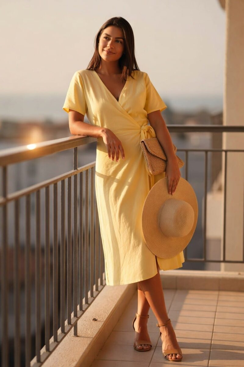 yellow wrap dress with a woven clutch