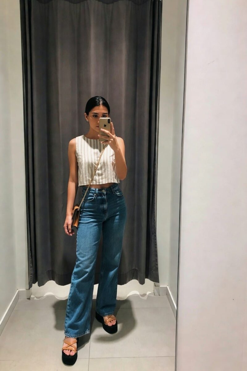 striped crop top with high-waist wide-leg jeans